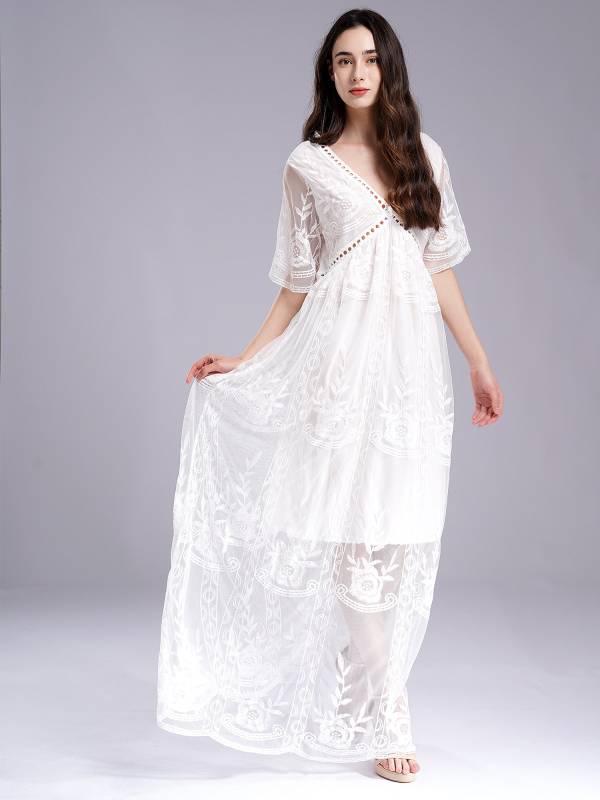 Women V Neck Short Sleeve Embroidered Lace Maxi Beach Wedding Dress thumb