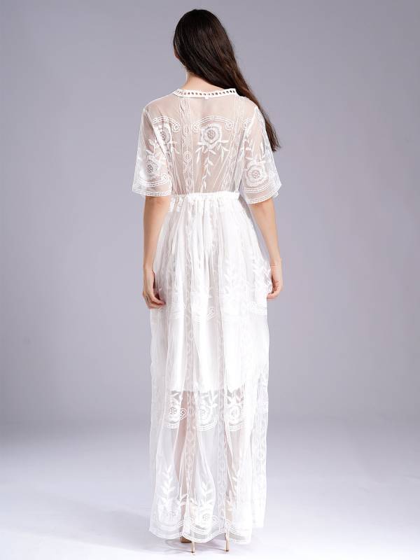 Women V Neck Short Sleeve Embroidered Lace Maxi Beach Wedding Dress thumb