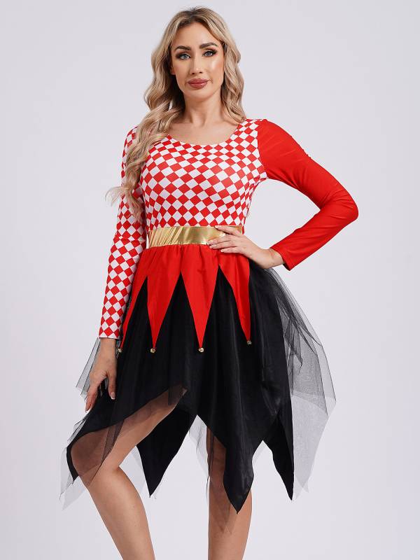 Women Long Sleeve Plaid Asymmetrical Tulle Skirt Clown Dress thumb