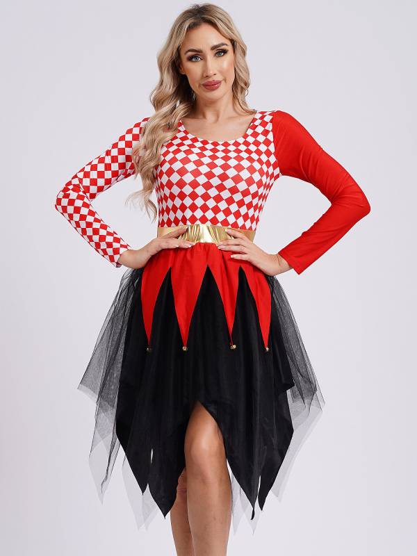 Women Long Sleeve Plaid Asymmetrical Tulle Skirt Clown Dress thumb