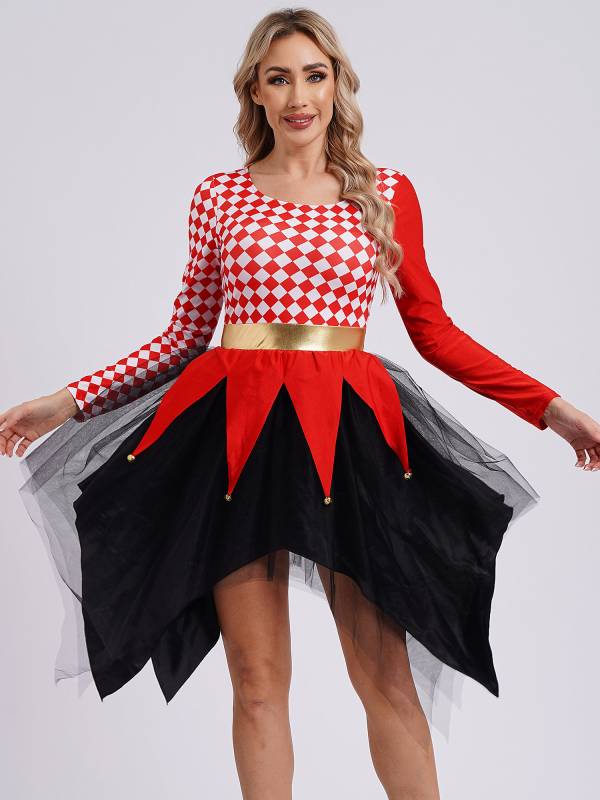 Women Long Sleeve Plaid Asymmetrical Tulle Skirt Clown Dress thumb