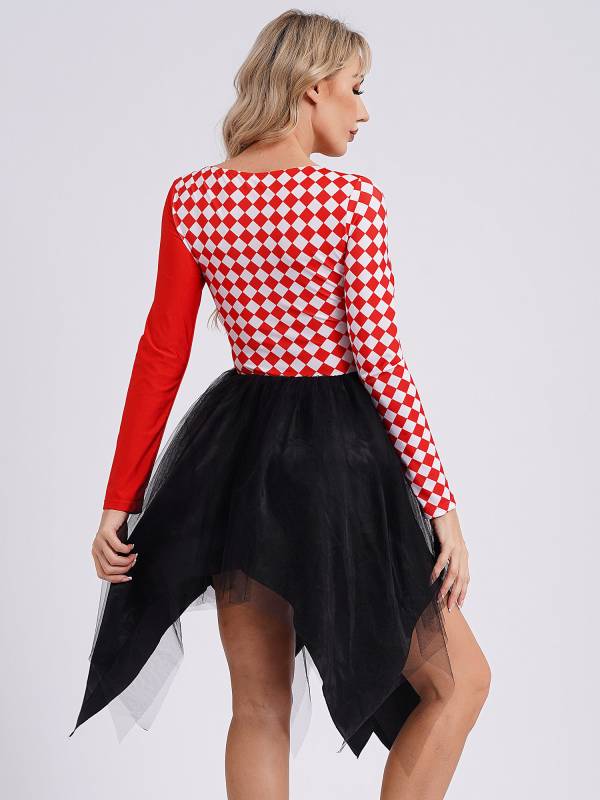 Women Long Sleeve Plaid Asymmetrical Tulle Skirt Clown Dress thumb