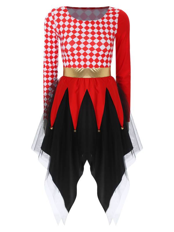 Women Long Sleeve Plaid Asymmetrical Tulle Skirt Clown Dress thumb