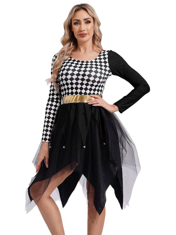 Women Long Sleeve Plaid Asymmetrical Tulle Skirt Clown Dress thumb