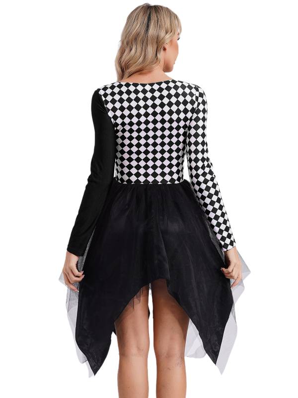 Women Long Sleeve Plaid Asymmetrical Tulle Skirt Clown Dress thumb