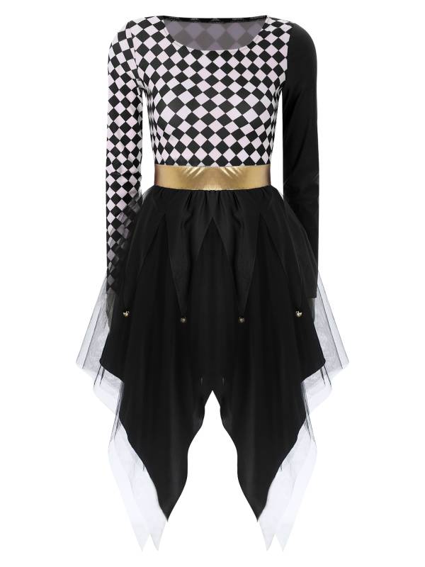 Women Long Sleeve Plaid Asymmetrical Tulle Skirt Clown Dress thumb