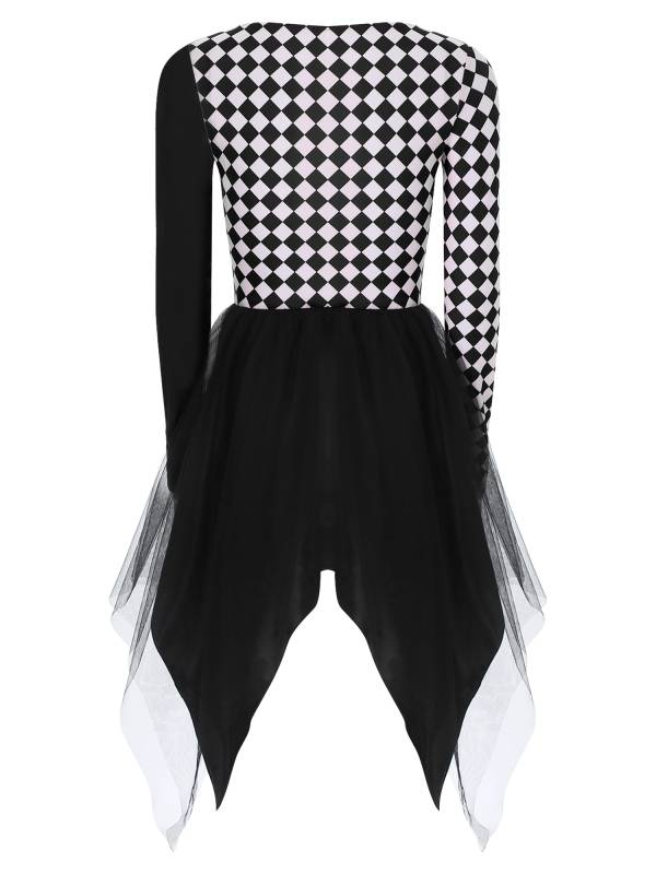 Women Long Sleeve Plaid Asymmetrical Tulle Skirt Clown Dress thumb