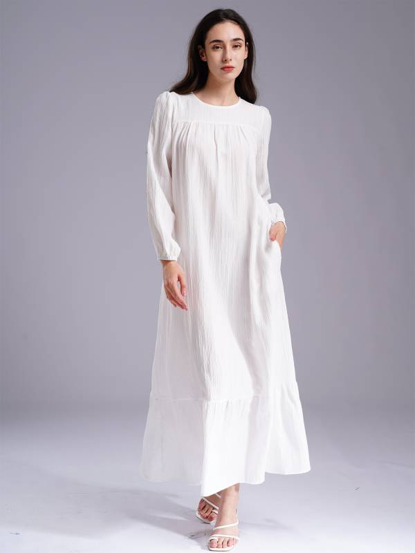 Women Loose Round Neck Long Sleeve Ruffled Hem Maxi Dress for Vacation thumb