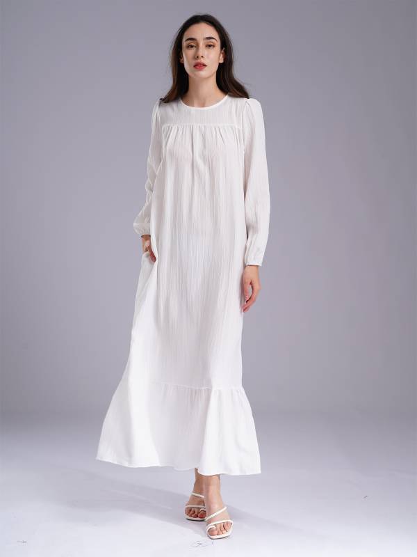 Women Loose Round Neck Long Sleeve Ruffled Hem Maxi Dress for Vacation thumb