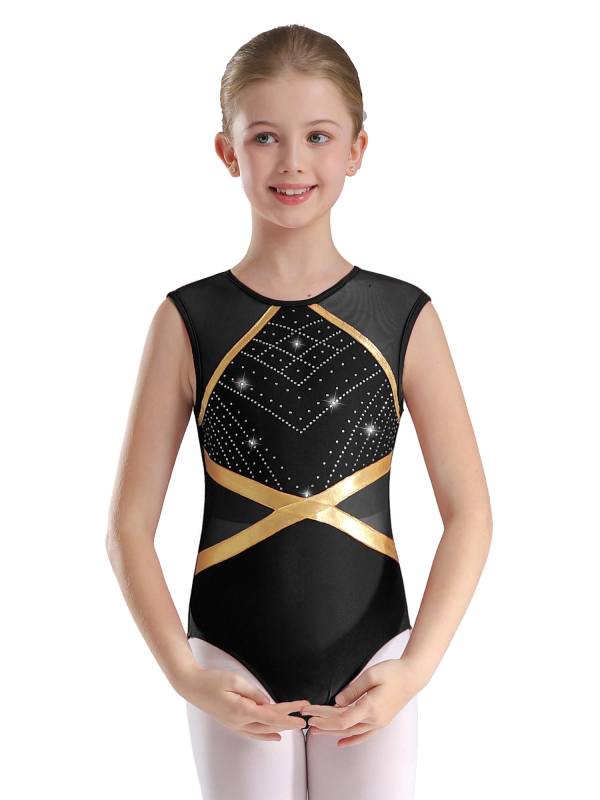 Kids Girls 3pcs Sleeveless Rhinestones Leotard and Shorts Headwear Gymnastic Set thumb