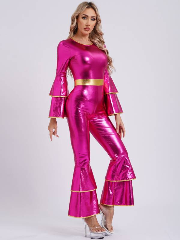 Women Long Sleeve Bell Bottom Vintage 70S Disco Metallic Shiny Jumpsuit thumb