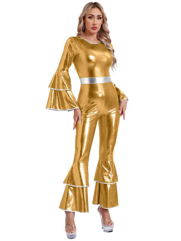 Women Long Sleeve Bell Bottom Vintage 70S Disco Metallic Shiny Jumpsuit thumb