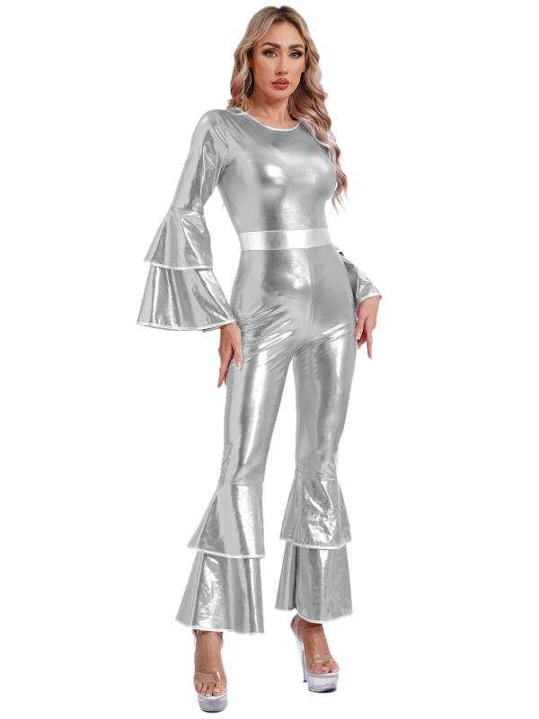 Women Long Sleeve Bell Bottom Vintage 70S Disco Metallic Shiny Jumpsuit thumb