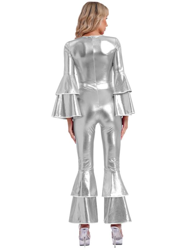 Women Long Sleeve Bell Bottom Vintage 70S Disco Metallic Shiny Jumpsuit thumb