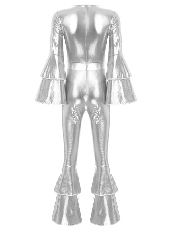 Women Long Sleeve Bell Bottom Vintage 70S Disco Metallic Shiny Jumpsuit thumb