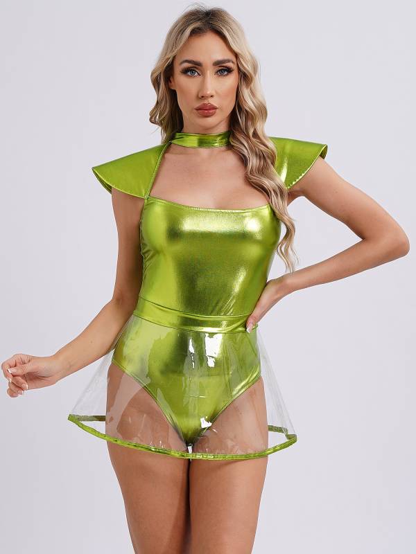 Women Cap Sleeve Metallic Bodysuit with PVC Skirt Alien Cospaly Costume thumb