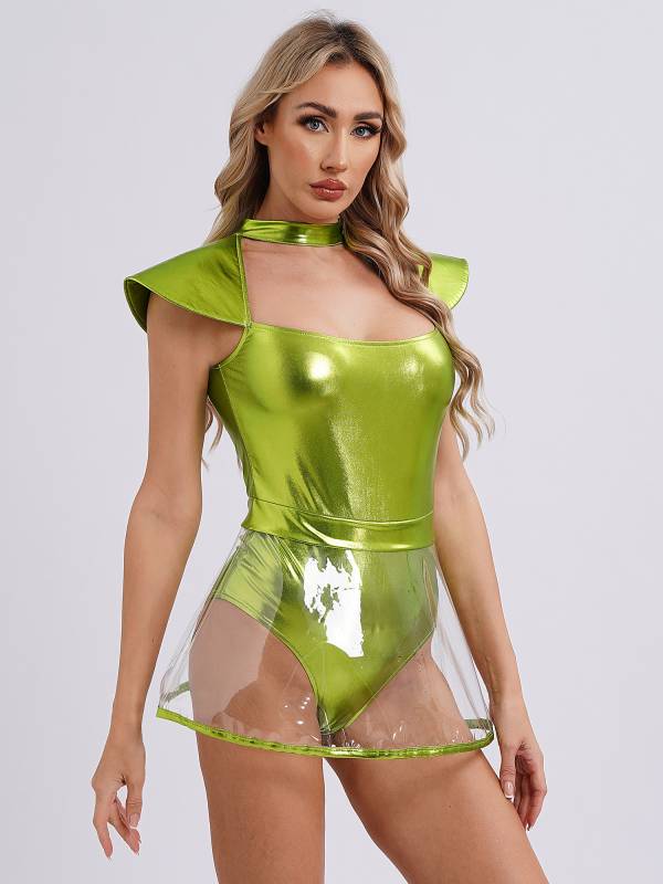 Women Cap Sleeve Metallic Bodysuit with PVC Skirt Alien Cospaly Costume thumb