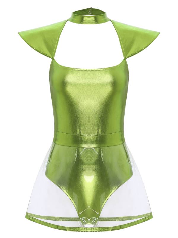 Women Cap Sleeve Metallic Bodysuit with PVC Skirt Alien Cospaly Costume thumb