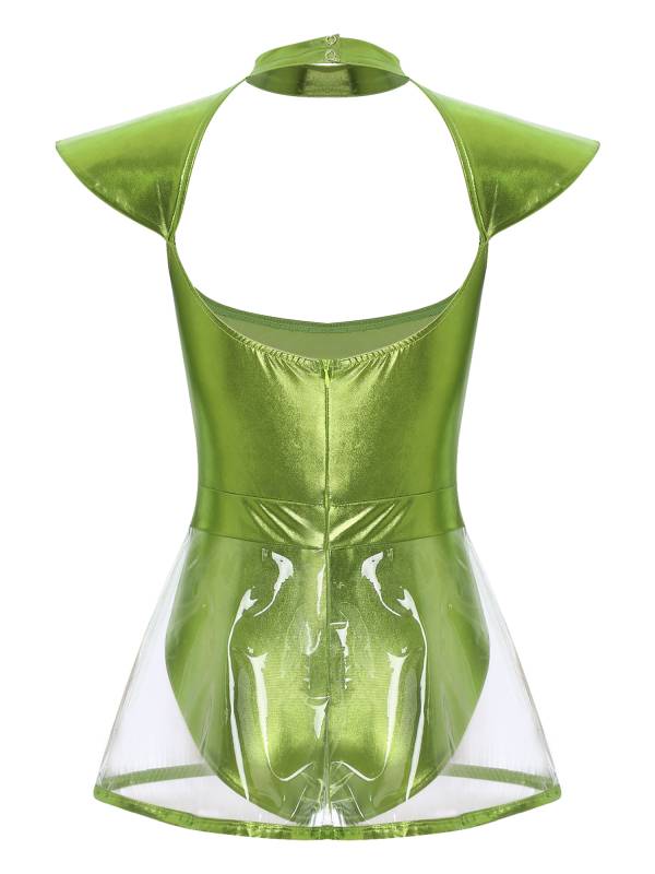 Women Cap Sleeve Metallic Bodysuit with PVC Skirt Alien Cospaly Costume thumb