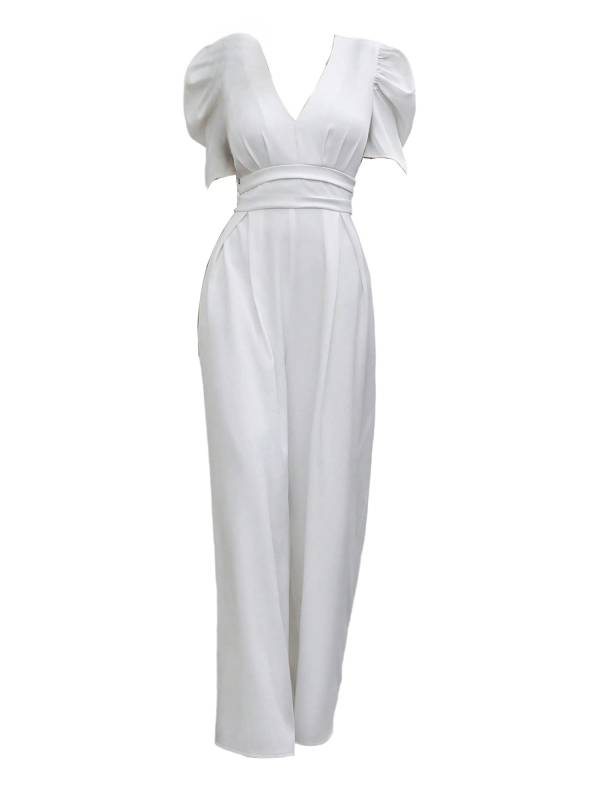 Women Solid Color V Neck Puff Sleeve Wedding Guest Jumpsuit thumb