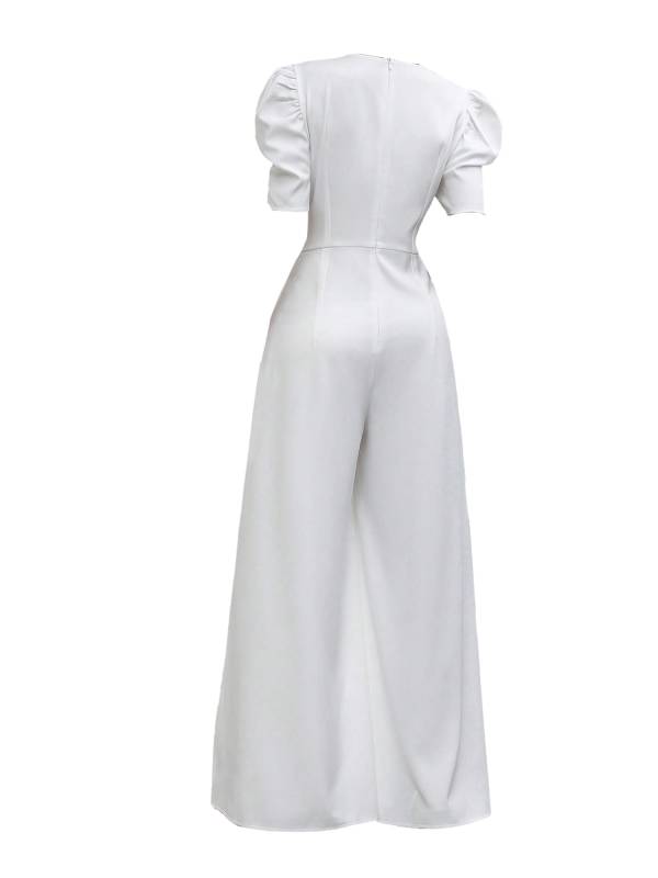 Women Solid Color V Neck Puff Sleeve Wedding Guest Jumpsuit thumb