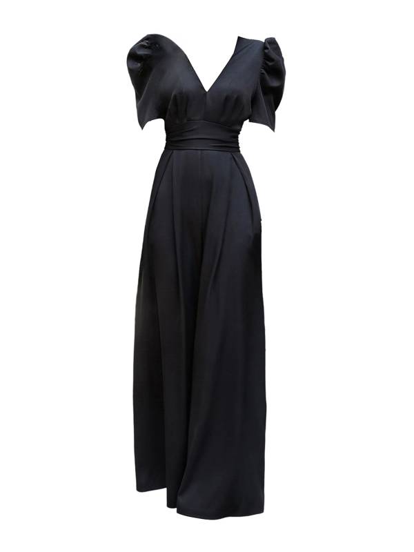 Women Solid Color V Neck Puff Sleeve Wedding Guest Jumpsuit thumb