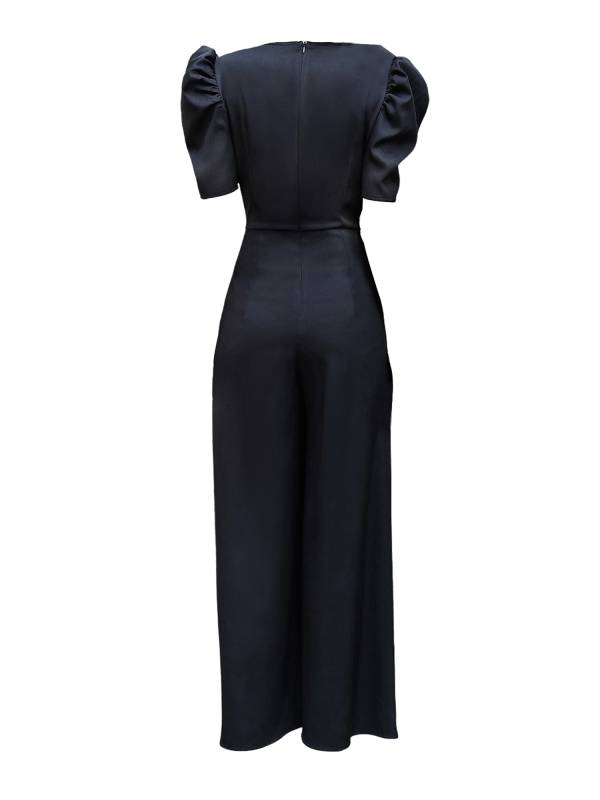 Women Solid Color V Neck Puff Sleeve Wedding Guest Jumpsuit thumb