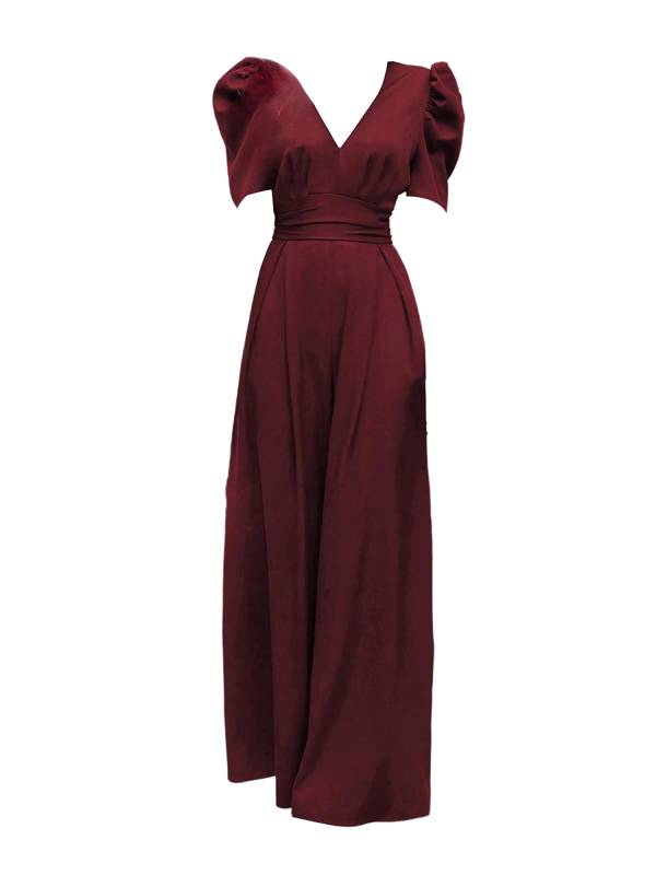 Women Solid Color V Neck Puff Sleeve Wedding Guest Jumpsuit thumb