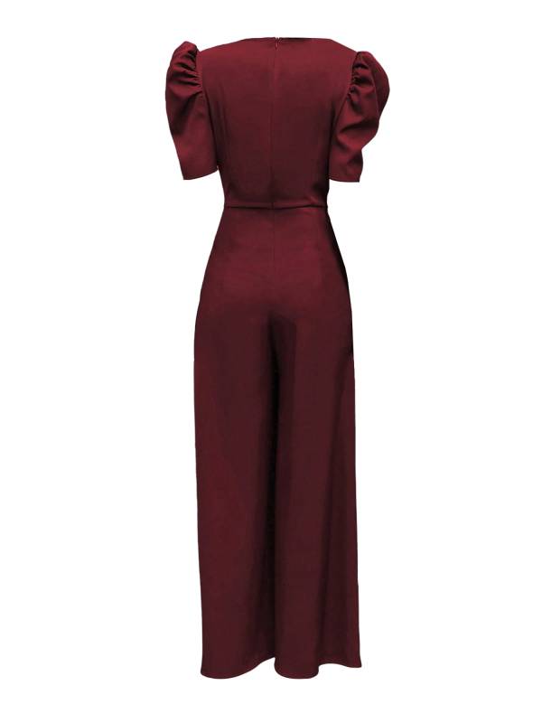 Women Solid Color V Neck Puff Sleeve Wedding Guest Jumpsuit thumb