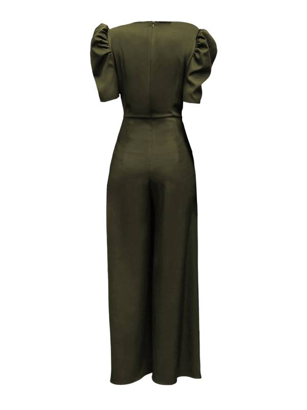 Women Solid Color V Neck Puff Sleeve Wedding Guest Jumpsuit thumb