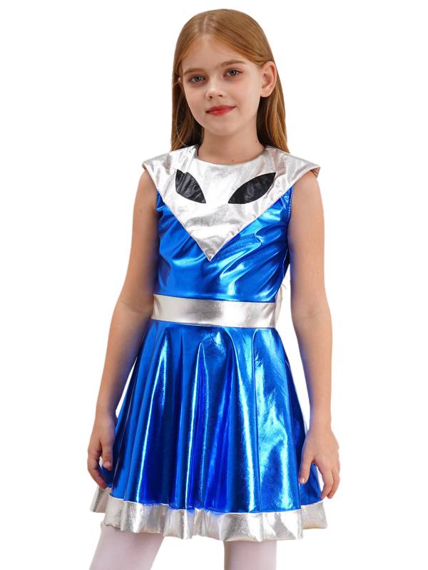 Kids Girl Sleeveless Metallic Y3K A-line Dress Halloween Alien Costume thumb