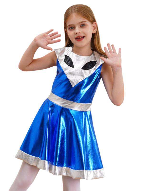 Kids Girl Sleeveless Metallic Y3K A-line Dress Halloween Alien Costume thumb