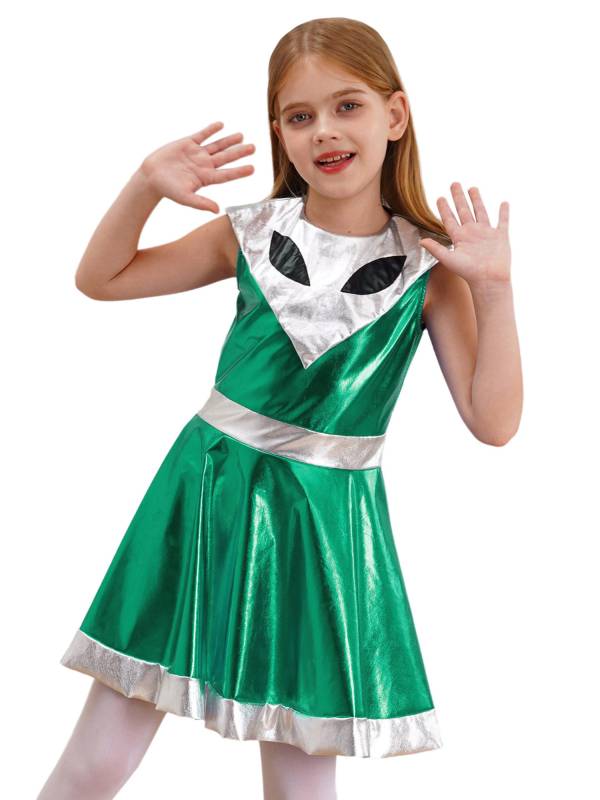 Kids Girl Sleeveless Metallic Y3K A-line Dress Halloween Alien Costume thumb