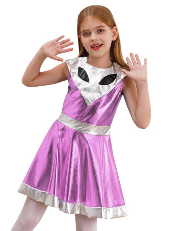 Kids Girl Sleeveless Metallic Y3K A-line Dress Halloween Alien Costume thumb