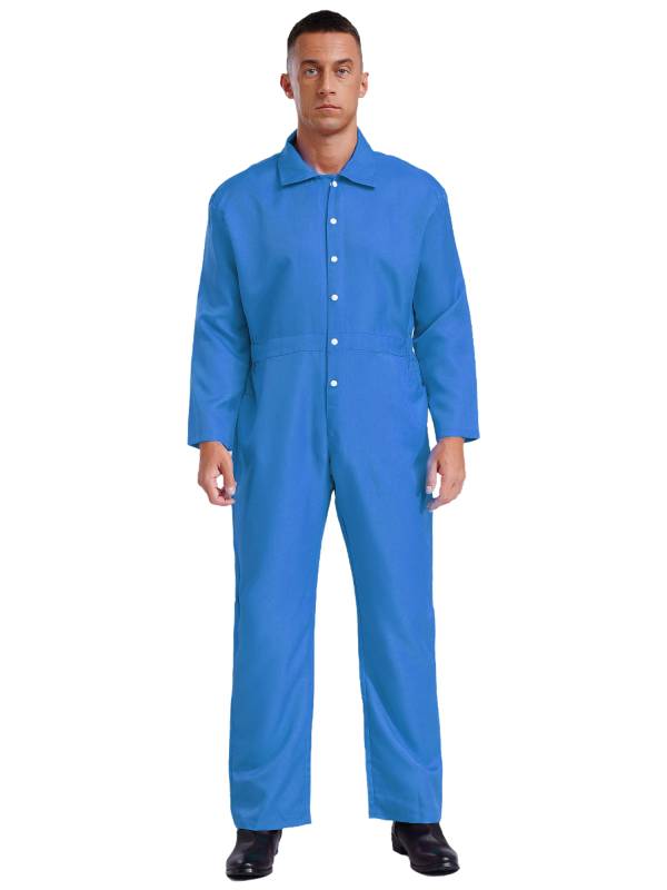 Men Turn-down Collar Long Sleeve Button-up Worker Coveralls Jumpsuit thumb