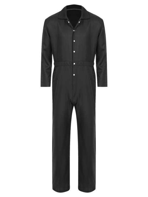 Men Turn-down Collar Long Sleeve Button-up Worker Coveralls Jumpsuit thumb