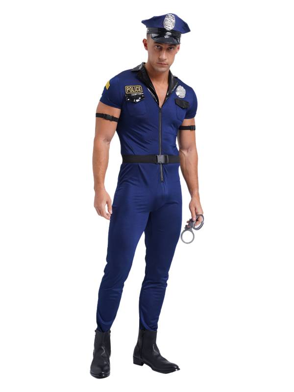 Men Halloween Short Sleeve Zipper Jumpsuit Hat Belt Manacles Police Costume thumb