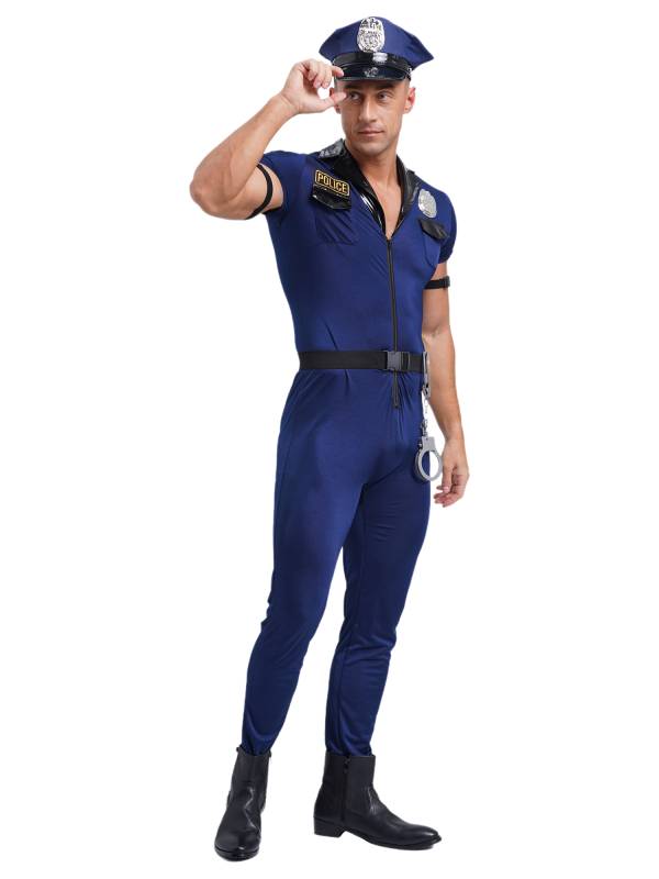 Men Halloween Short Sleeve Zipper Jumpsuit Hat Belt Manacles Police Costume thumb