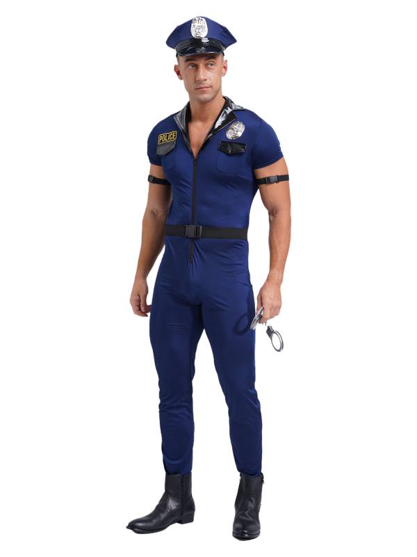 Men Halloween Short Sleeve Zipper Jumpsuit Hat Belt Manacles Police Costume thumb