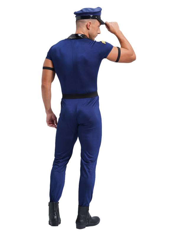 Men Halloween Short Sleeve Zipper Jumpsuit Hat Belt Manacles Police Costume thumb