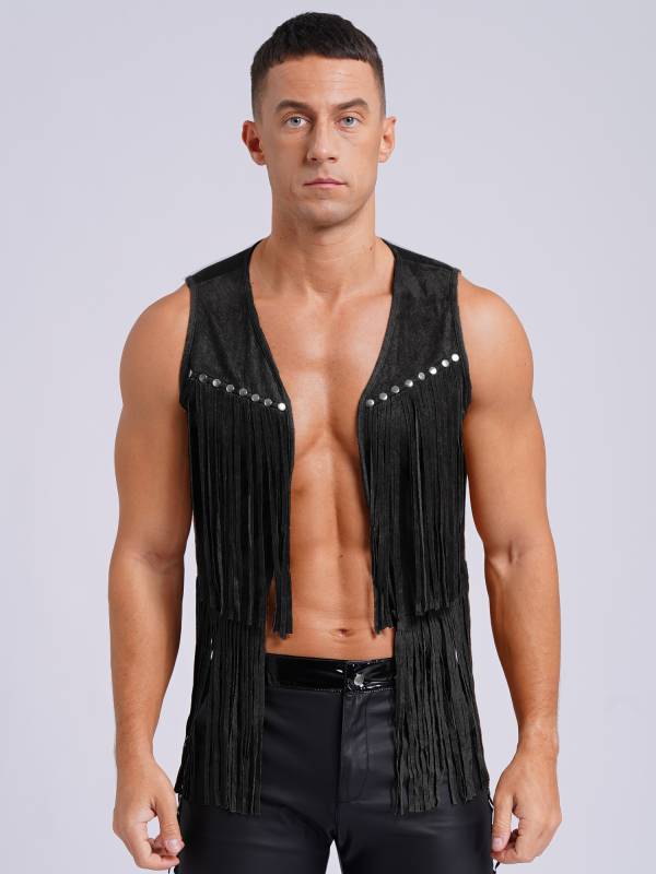 Men Faux Suede Tassel Rivets Fringe Open Front Cowboy Vest thumb