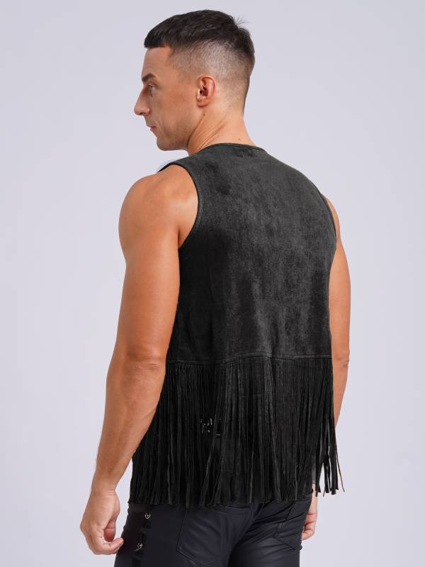 Men Faux Suede Tassel Rivets Fringe Open Front Cowboy Vest thumb