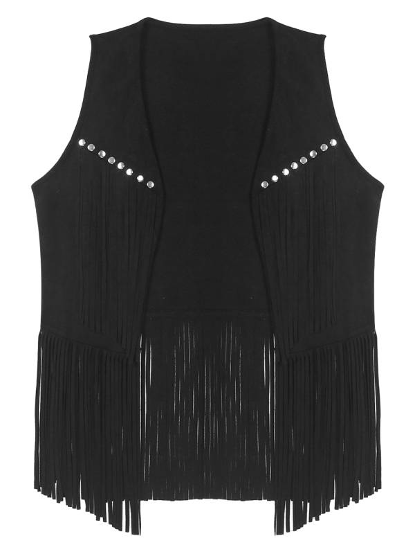 Men Faux Suede Tassel Rivets Fringe Open Front Cowboy Vest thumb