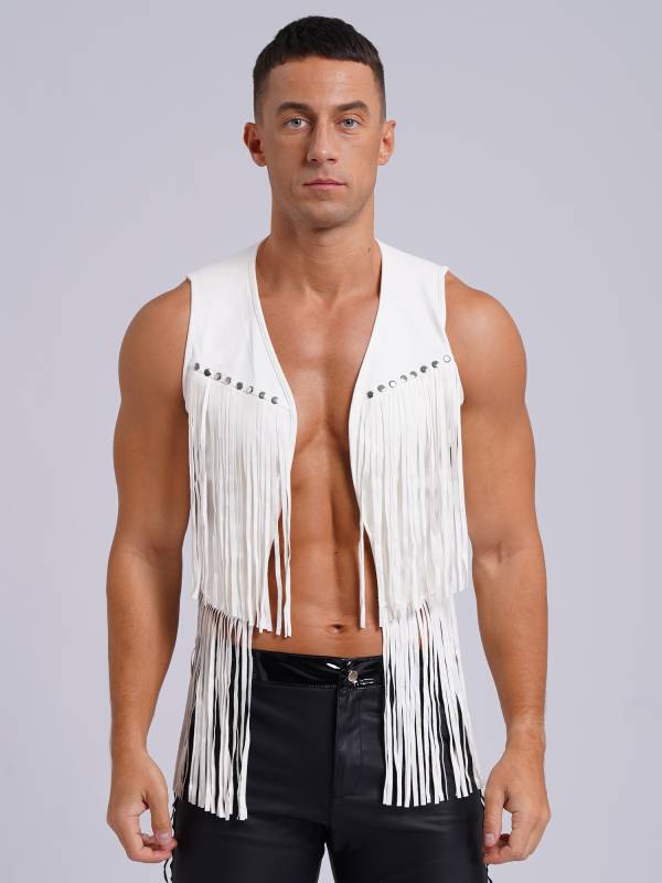 Men Faux Suede Tassel Rivets Fringe Open Front Cowboy Vest thumb