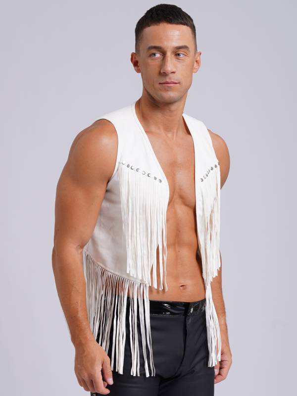 Men Faux Suede Tassel Rivets Fringe Open Front Cowboy Vest thumb