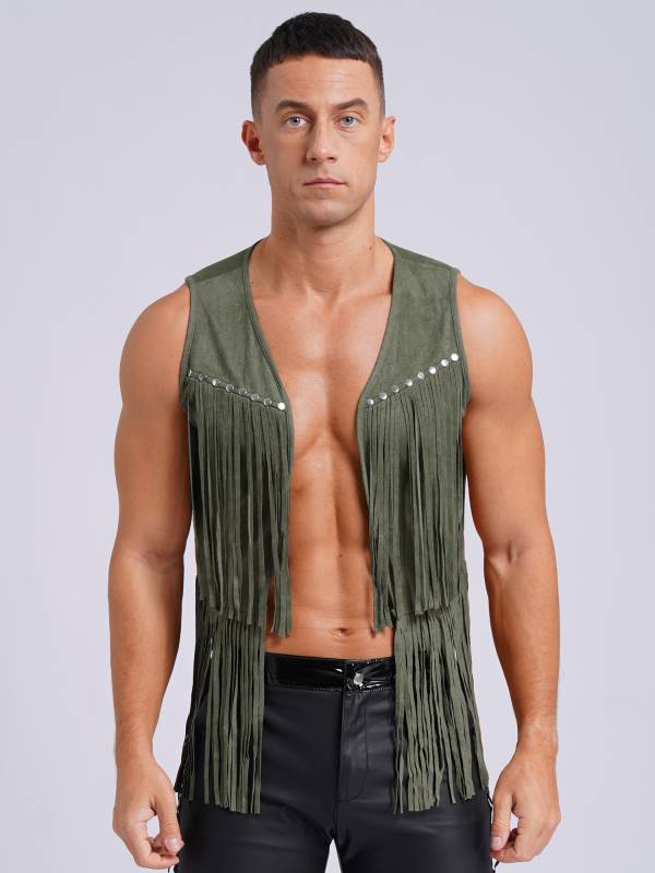 Men Faux Suede Tassel Rivets Fringe Open Front Cowboy Vest thumb