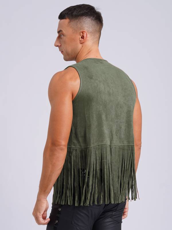 Men Faux Suede Tassel Rivets Fringe Open Front Cowboy Vest thumb