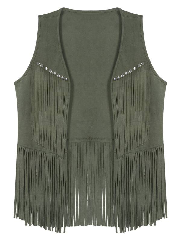 Men Faux Suede Tassel Rivets Fringe Open Front Cowboy Vest thumb