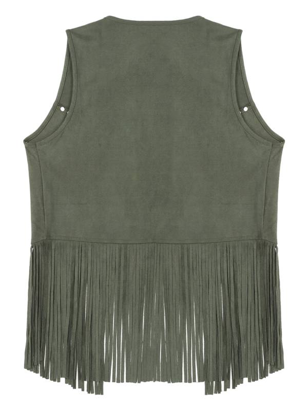 Men Faux Suede Tassel Rivets Fringe Open Front Cowboy Vest thumb