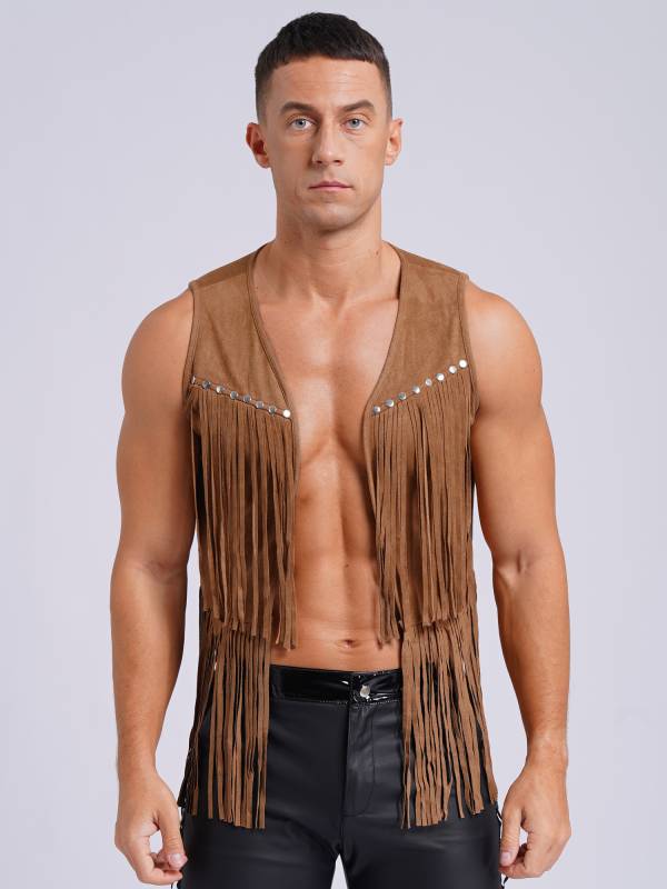 Men Faux Suede Tassel Rivets Fringe Open Front Cowboy Vest thumb